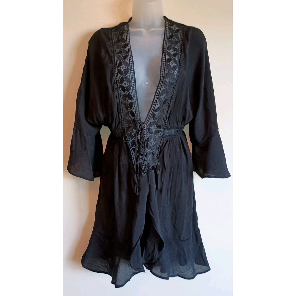NWT Love Tree Black Lace Tie Front Kimono Bell Sleeve Boho Cover Up S